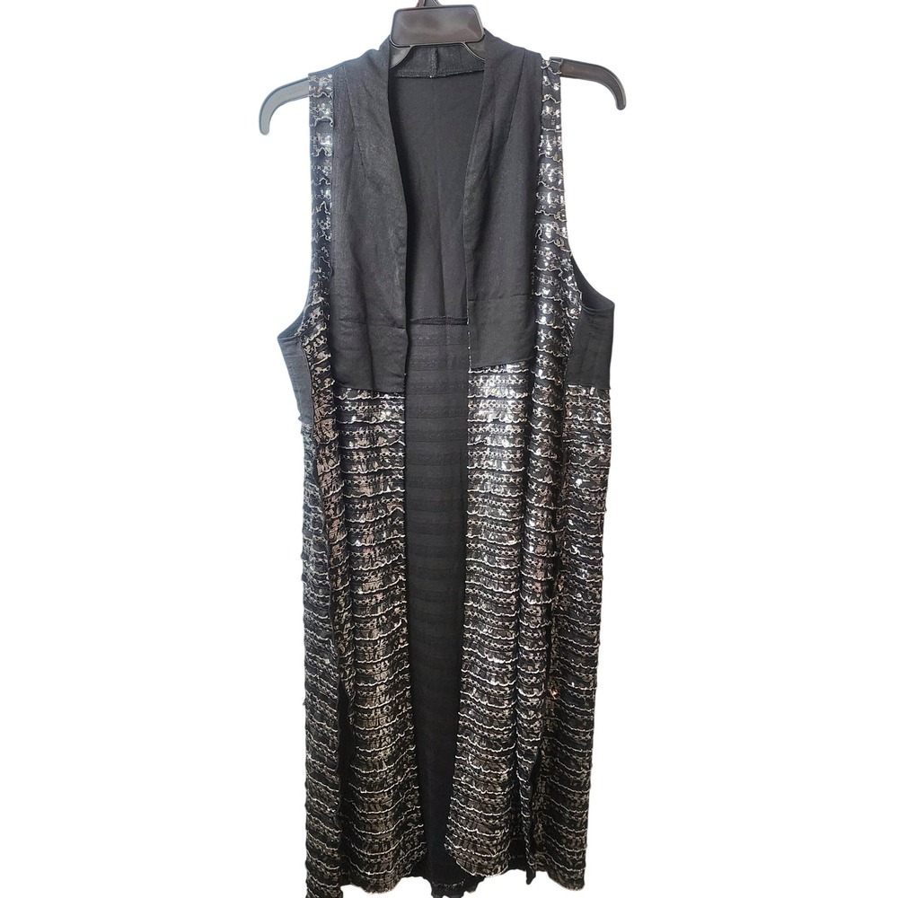 Reone Korean Long Duster Vest Womens 1 M Black Metallic Sheer Open Front